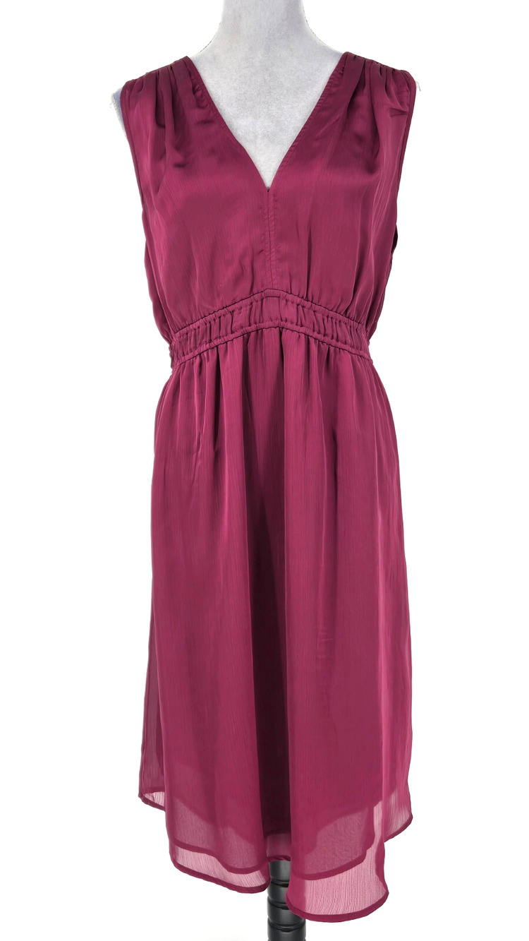 Lucky Brand Dress Womens XL Burgundy Plum Crinkle Satin Midi V neck New